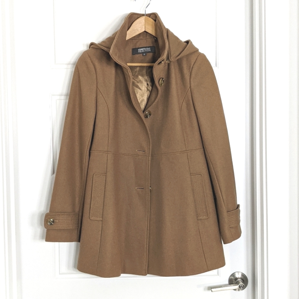 Tan Wool Peacoat Detachable Hood Size 8 Quiet Luxury Academia Minimalist Granola